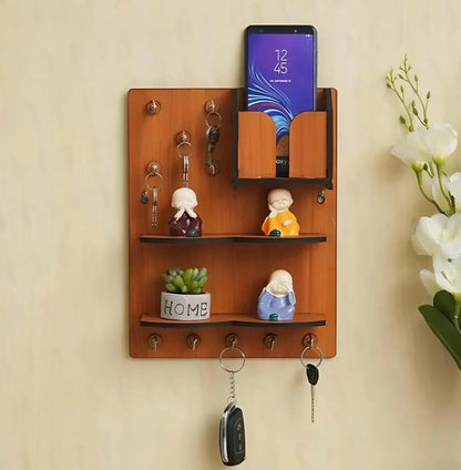 Wooden Wall Key & Phone Holder with Hooks