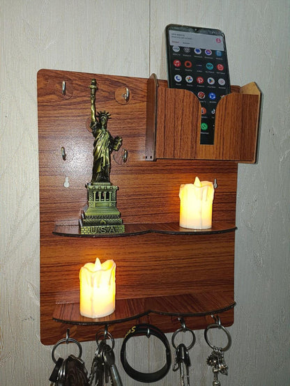 Wooden Wall Key & Phone Holder with Hooks
