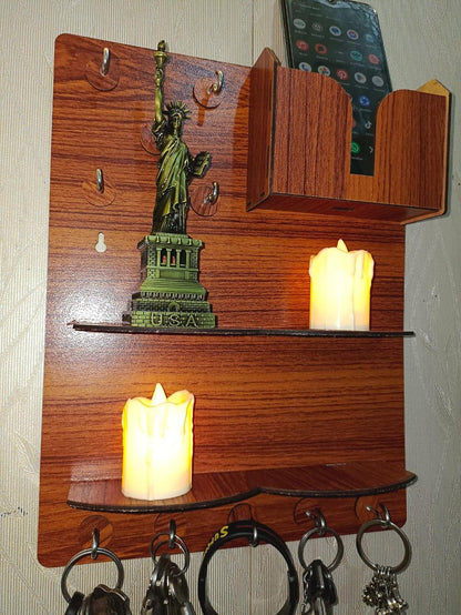 Wooden Wall Key & Phone Holder with Hooks
