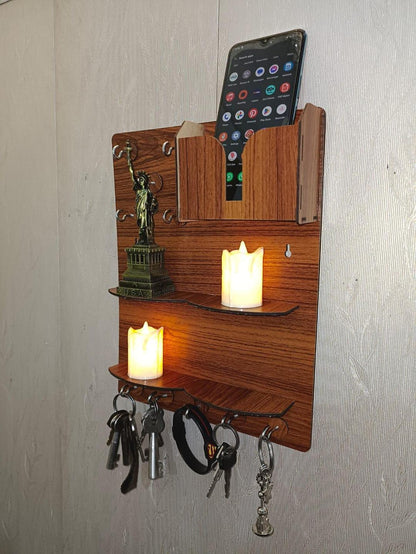 Wooden Wall Key & Phone Holder with Hooks