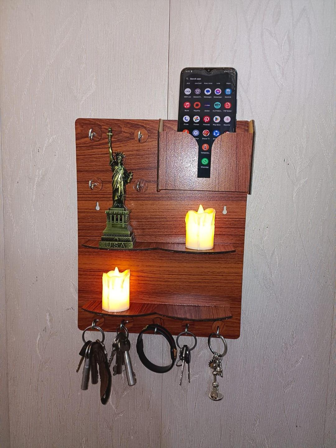 Wooden Wall Key & Phone Holder with Hooks