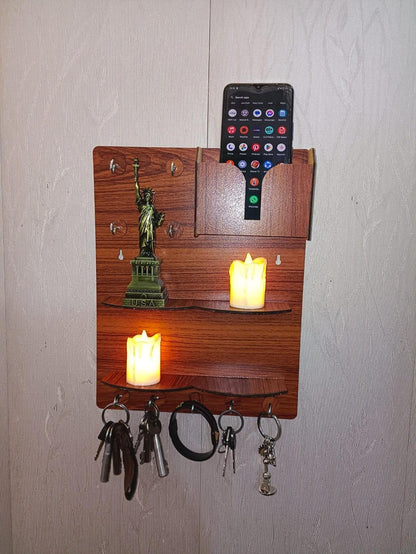 Wooden Wall Key & Phone Holder with Hooks