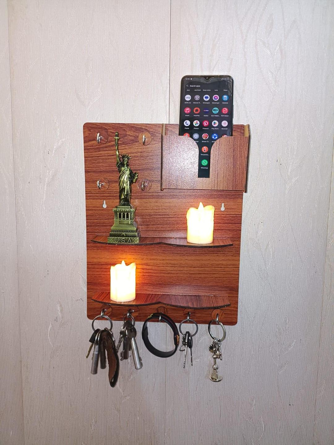 Wooden Wall Key & Phone Holder with Hooks