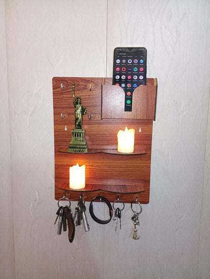 Wooden Wall Key & Phone Holder with Hooks