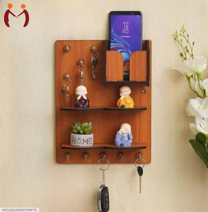 Wooden Wall Key & Phone Holder with Hooks